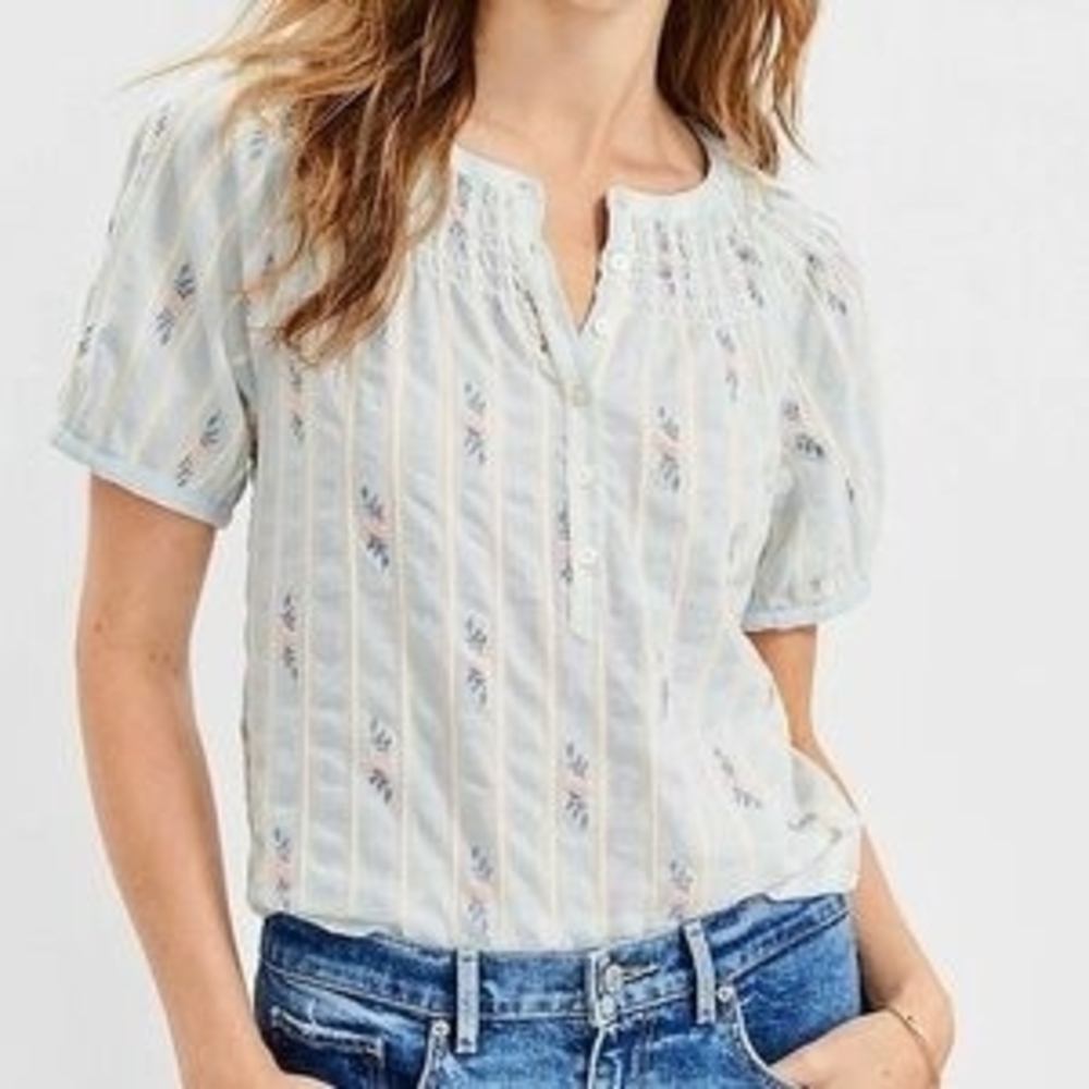LOFT Pale Blue Striped Cotton Short-Sleeve Embroidered Peasant Blouse